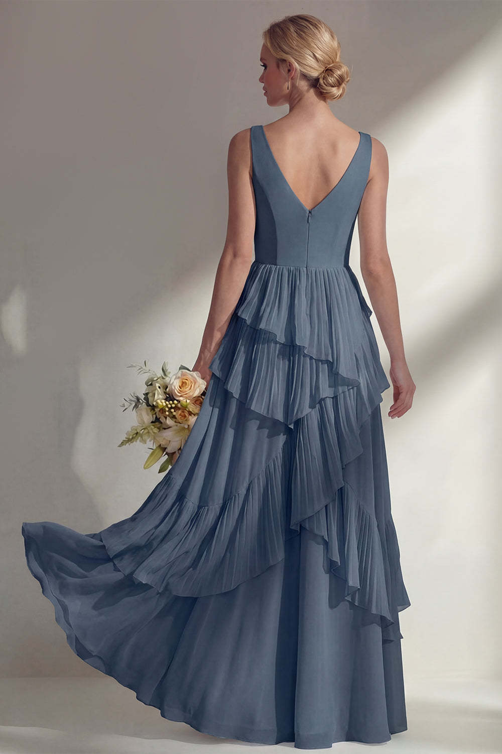 Sea Glass V Neck Ruffled Sleeveless Long Bridesmaid Dress