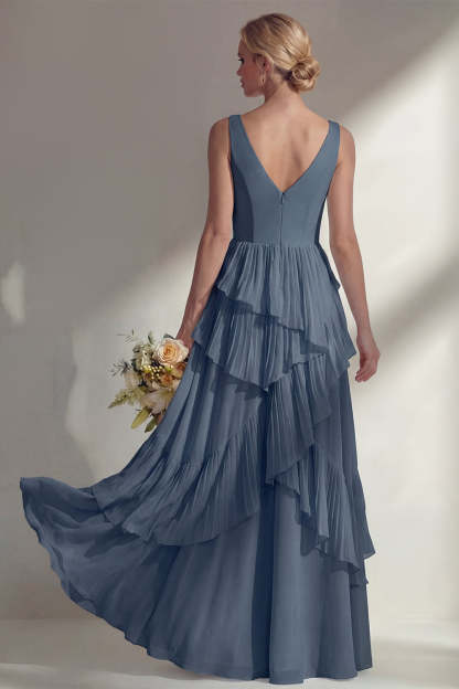 Sea Glass V Neck Ruffled Sleeveless Long Bridesmaid Dress