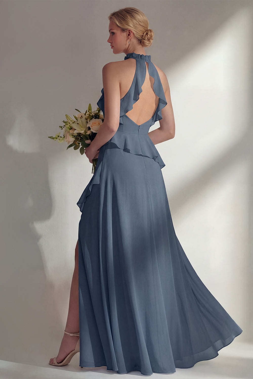 Butter Yellow Ruffled Halter Neck A Line Long Bridesmaid Dress with Slit