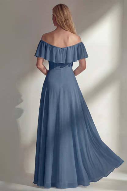 A Line Burgundy Ruffed Off the Shoulder Long Bridesmaid Dress with Slit