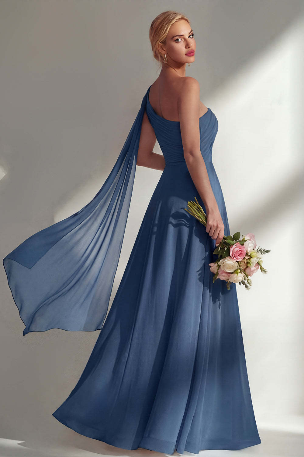 Burgundy One Shoulder Backless Ruched Long Bridesmaid Dress with Slit