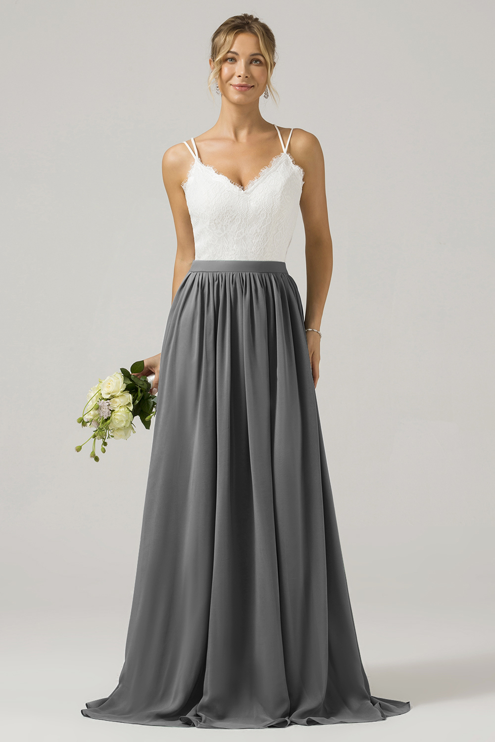 Eucalyptus A-Line Spaghetti Straps Pleated Long Bridesmaid Dress With Lace