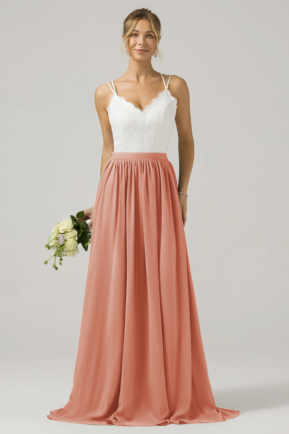 Eucalyptus A-Line Spaghetti Straps Pleated Long Bridesmaid Dress With Lace