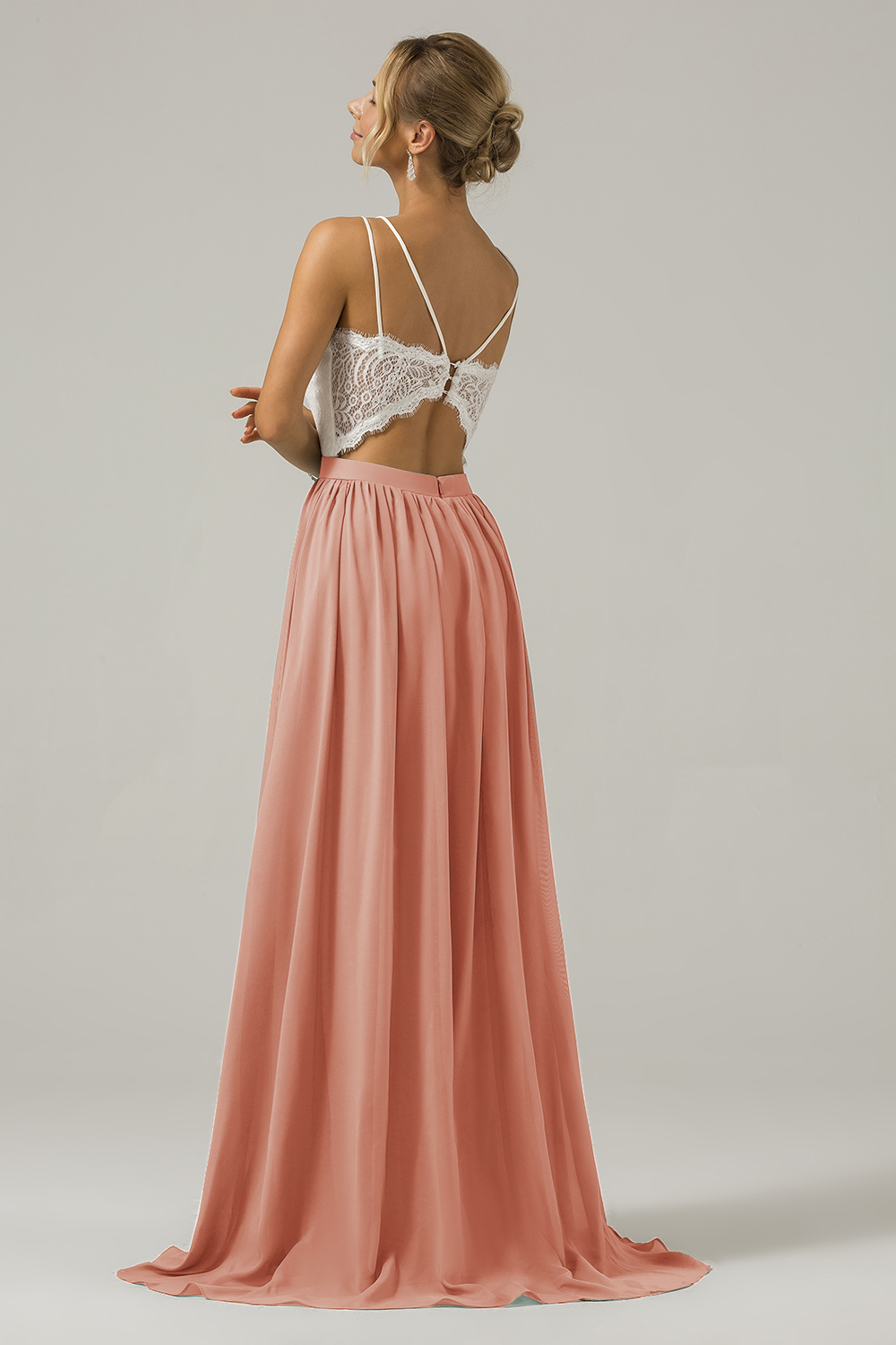 Eucalyptus A-Line Spaghetti Straps Pleated Long Bridesmaid Dress With Lace