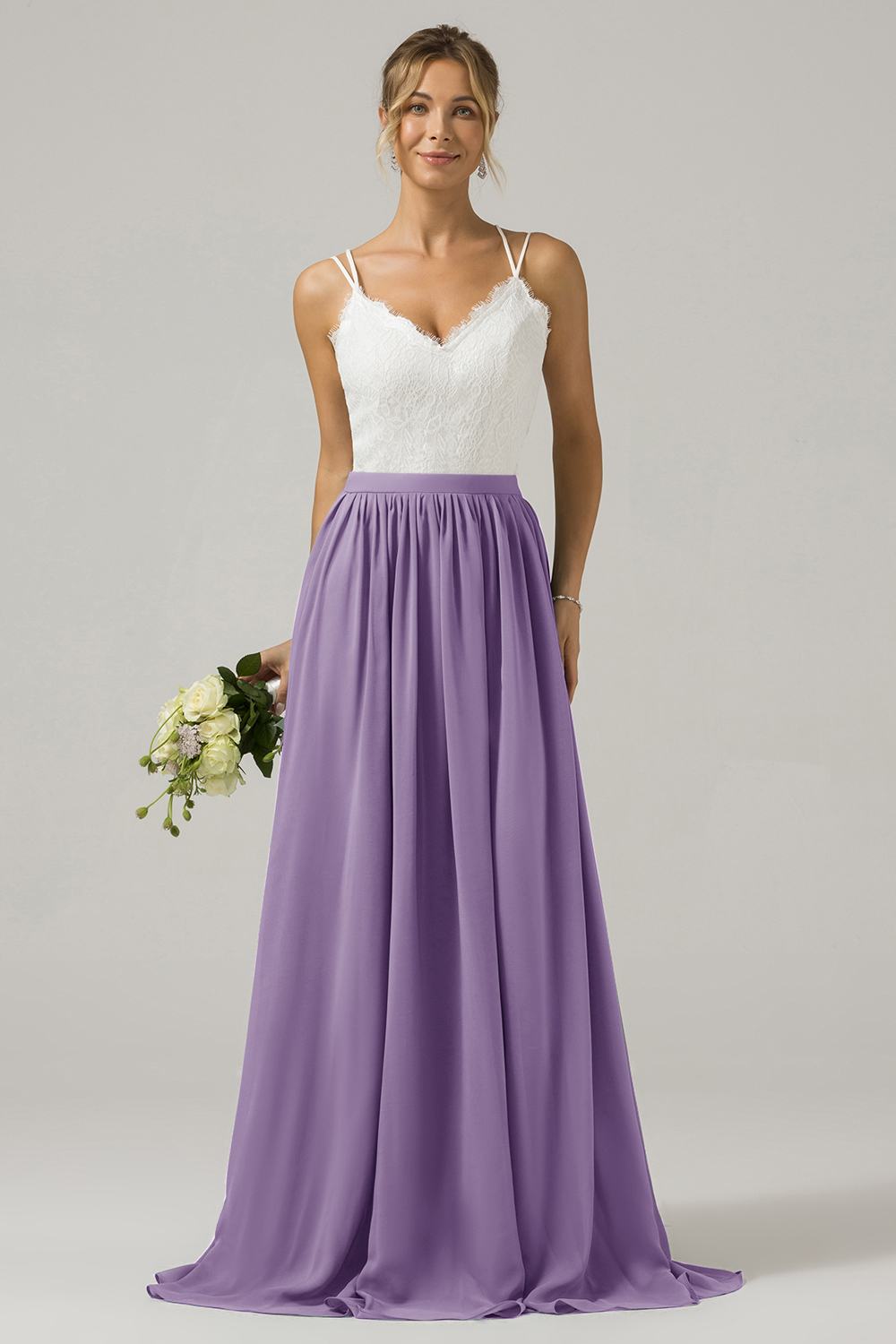Eucalyptus A-Line Spaghetti Straps Pleated Long Bridesmaid Dress With Lace