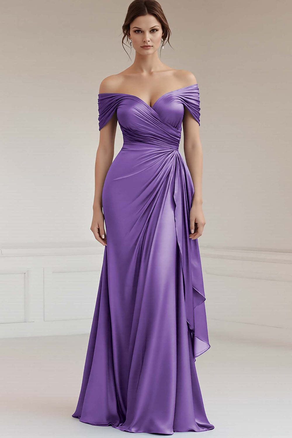 Leely Women Grey Blue Sheath Satin Maxi Formal Dress with Ruffles Ruched Off the Shoulder Evening Dress