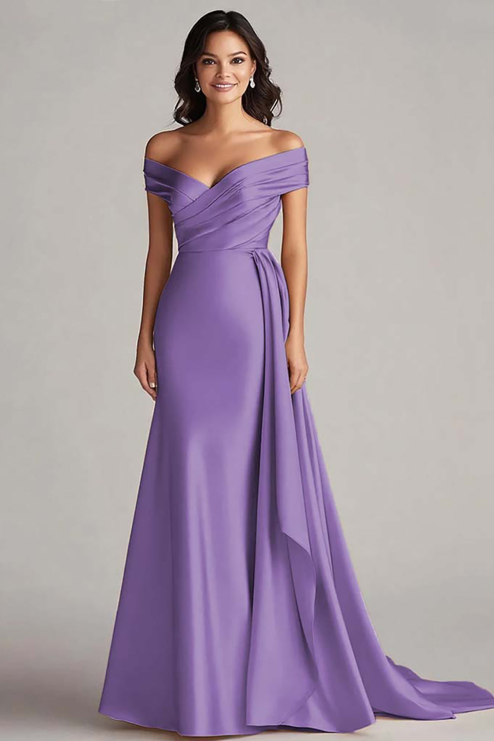 Champagne Off the Shoulder Mermaid Satin Maxi Formal Dress with Drape