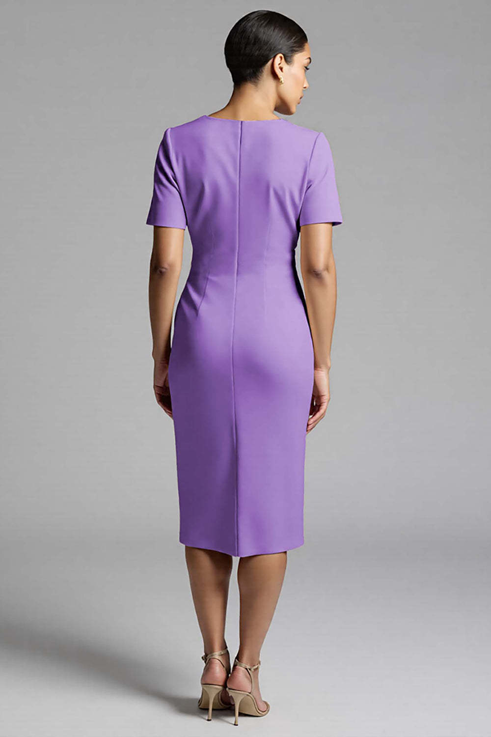 Tahiti V-Neck Bodycon Midi Satin Work Dress with Sleeves