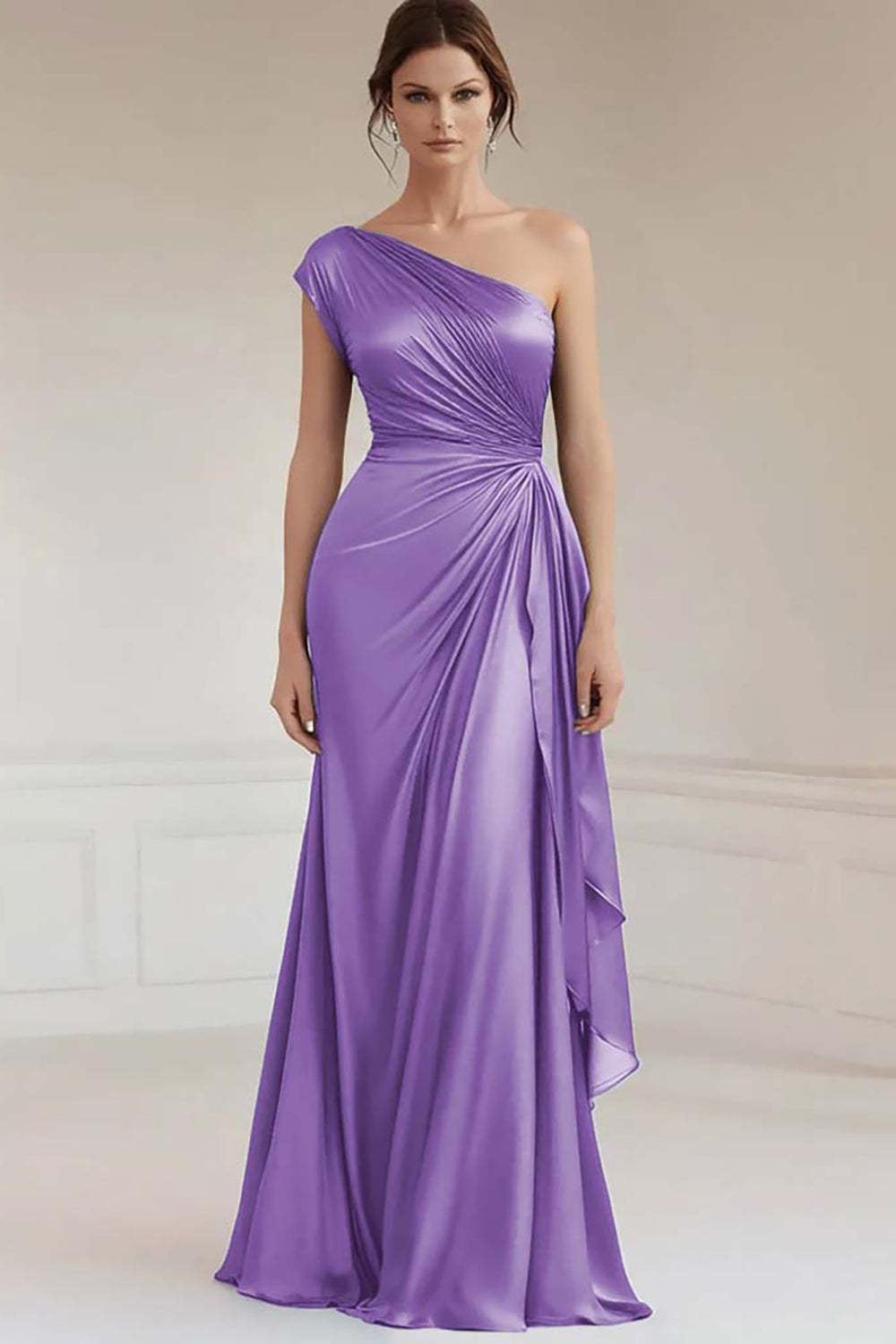 Grey Blue One Shoulder Sheath Maxi Formal Dress with Ruffles