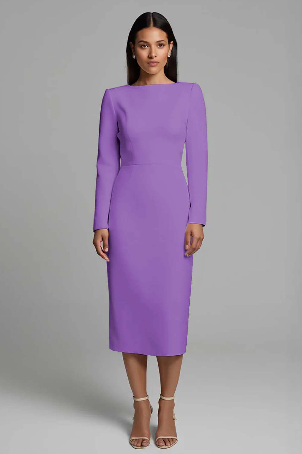 Simple Pencil Ivory Plus Size Bateau Neck Midi Work Dress with Slit