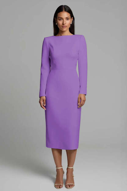 Simple Pencil Ivory Plus Size Bateau Neck Midi Work Dress with Slit