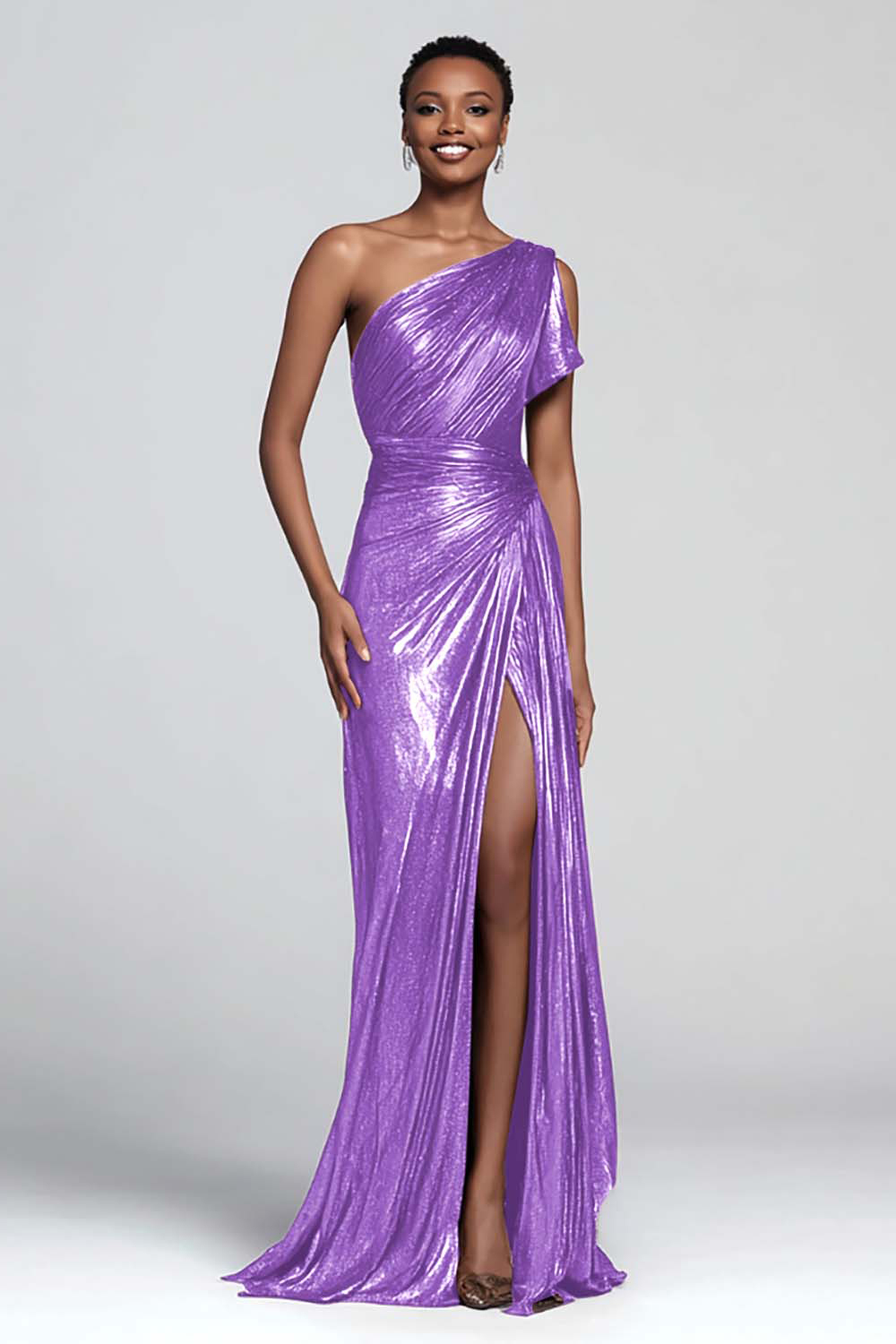 Brown Metallic One Shoulder Mermaid Long Formal Dress with Slit