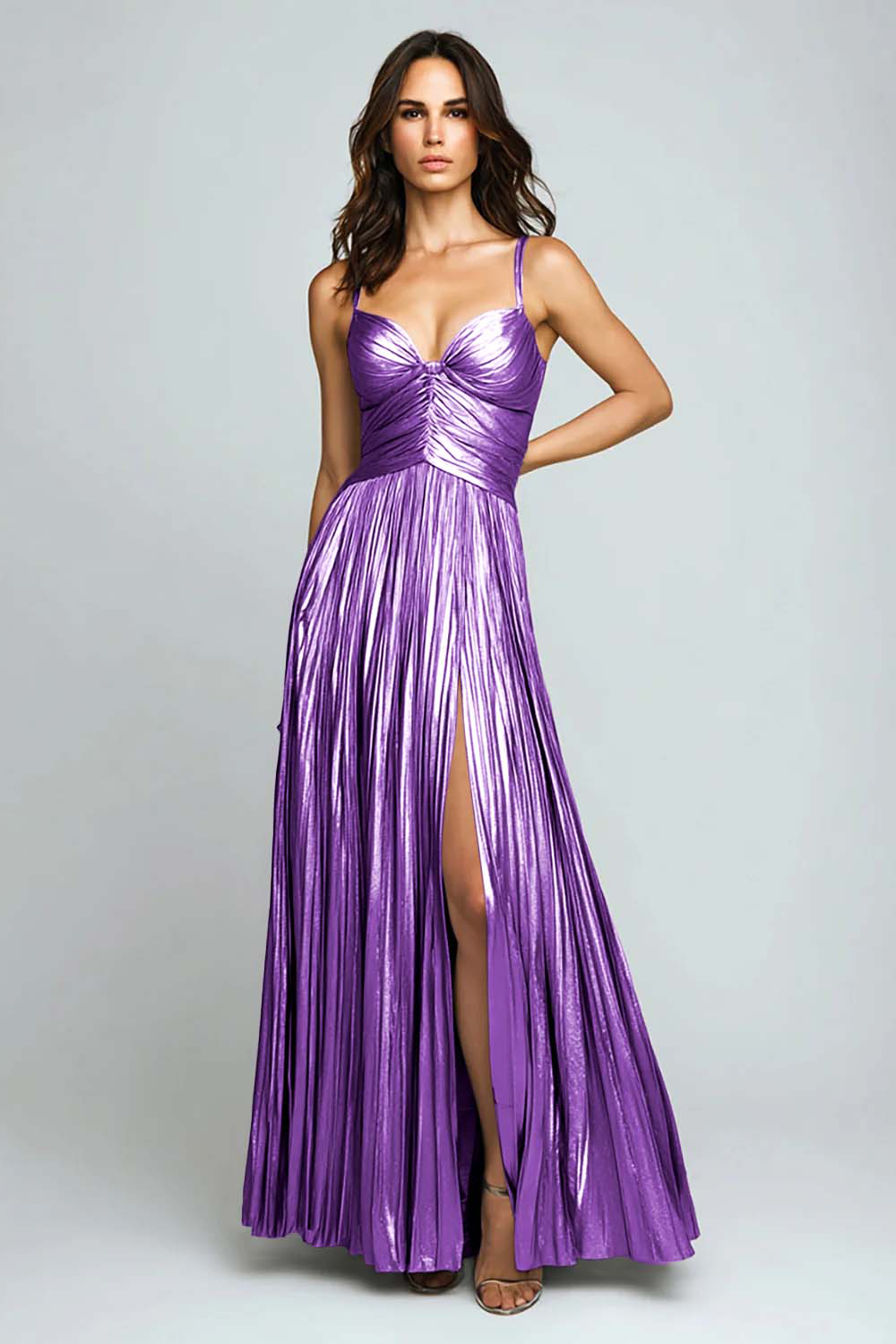 Silver Pleated Metallic Spaghetti Straps Long Formal Dress with Slit