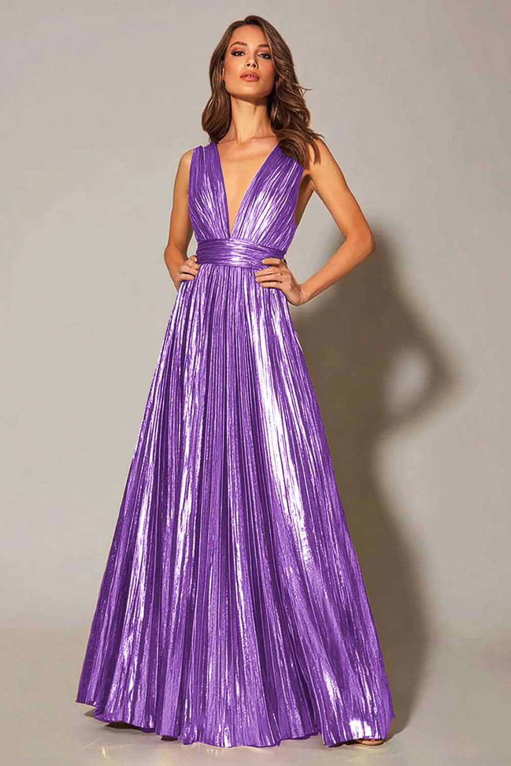 Gold Metallic Pleated V-Neck A-Line Long Formal Dress