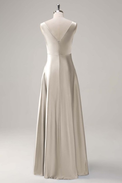 Simple Sky Blue V-Neck Satin A-Line Bridesmaid Dress