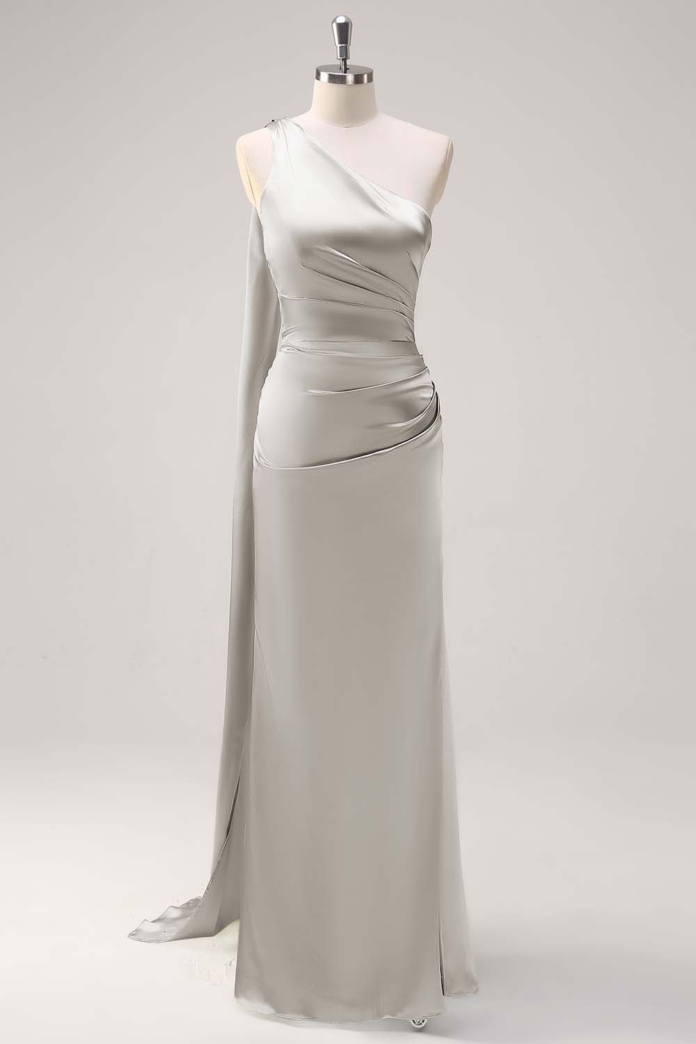 Sage One Shoulder Sheath Satin Watteau Train Bridesmaid Dress