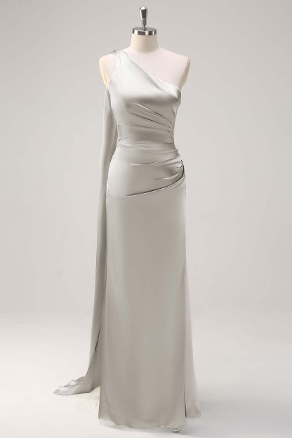 Sage One Shoulder Sheath Satin Watteau Train Bridesmaid Dress