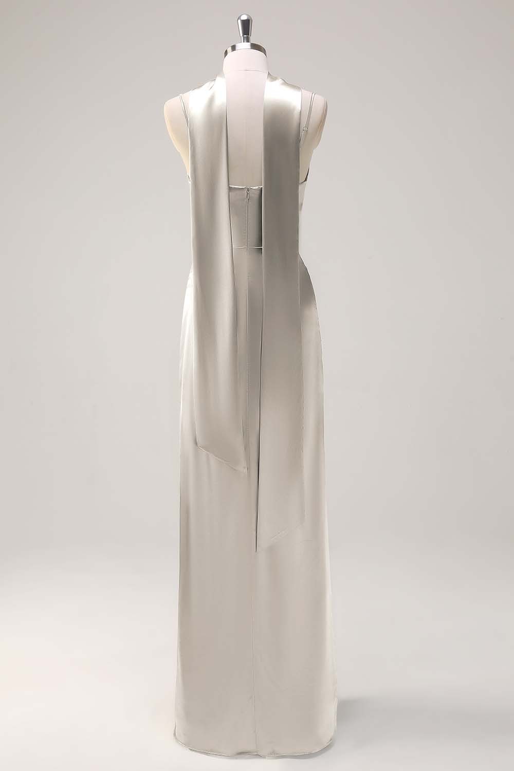 Sage Scoop Neck Sheath Satin Bridesmaid Dress with Ribbon