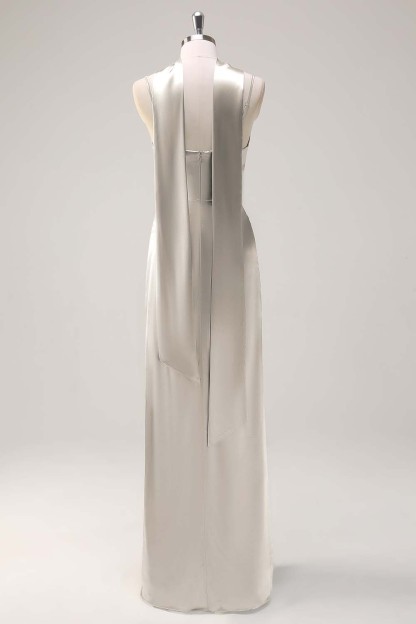 Sage Scoop Neck Sheath Satin Bridesmaid Dress with Ribbon
