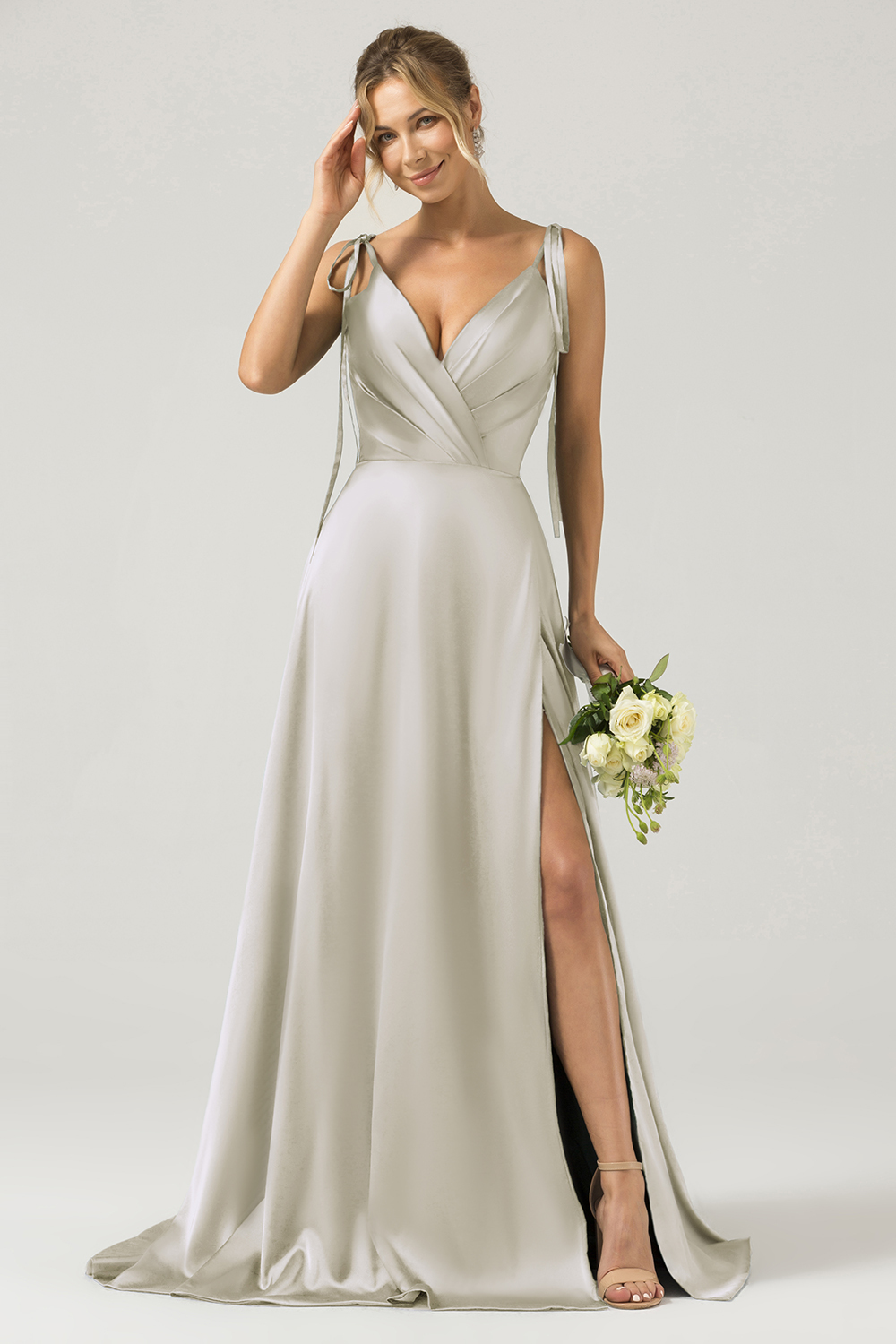 Dark Green A-Line Spaghetti Straps Satin Long Bridesmaid Dress With Slit