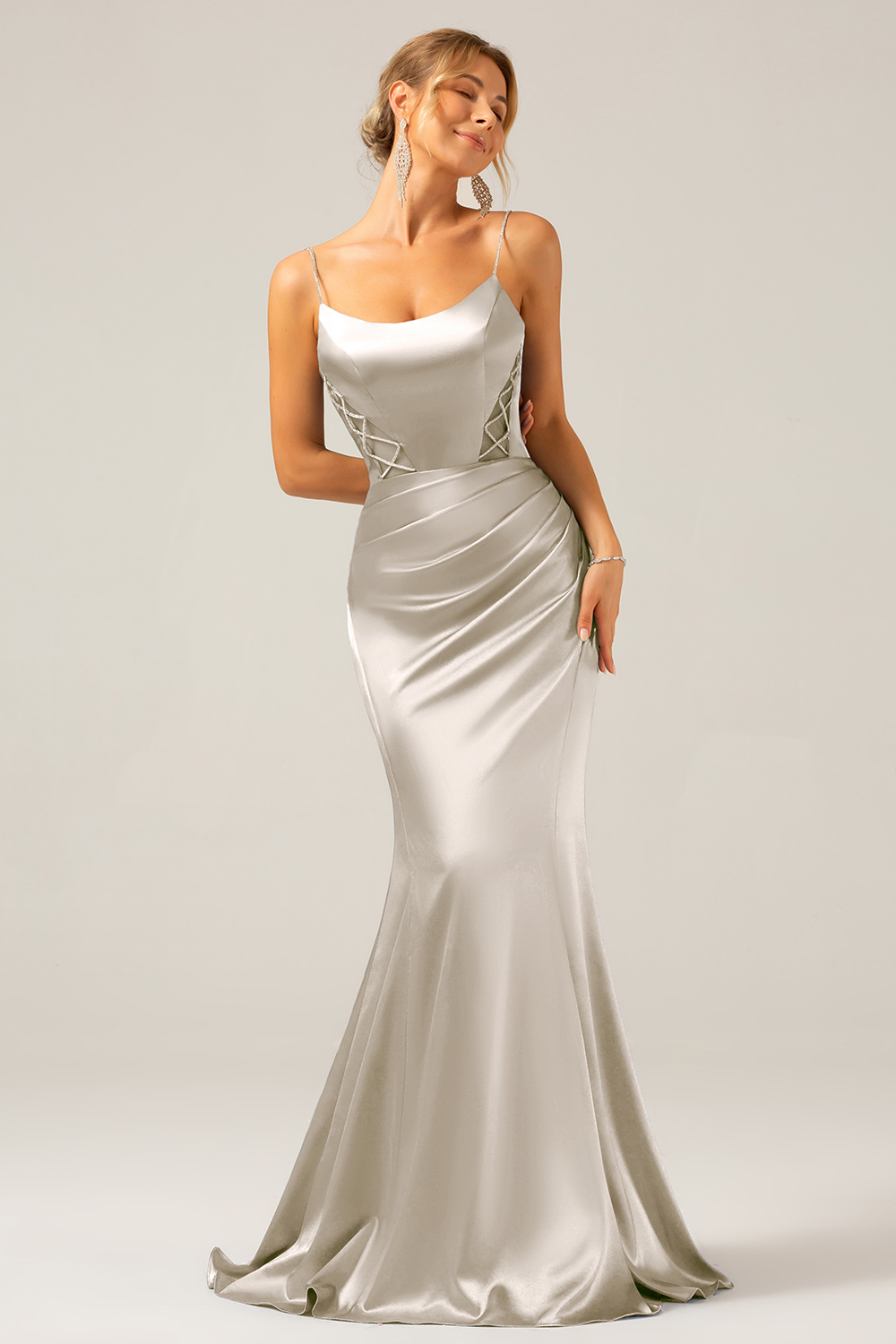 Grey Blue Mermaid Satin Spaghetti Straps Long Bridesmaid Dress