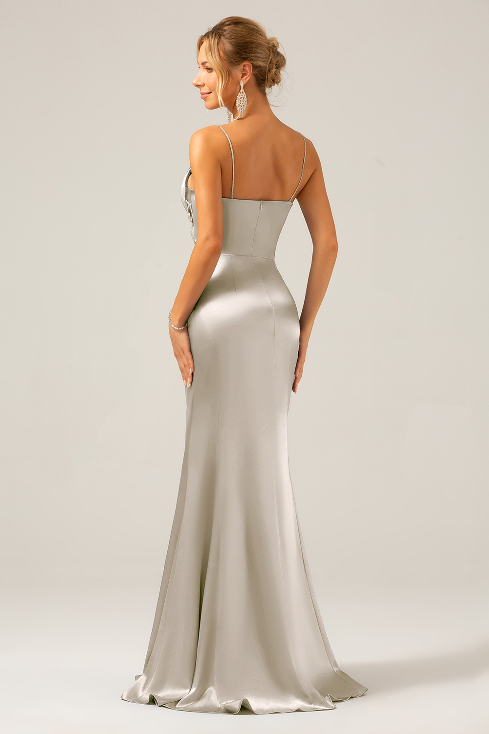 Grey Blue Mermaid Satin Spaghetti Straps Long Bridesmaid Dress