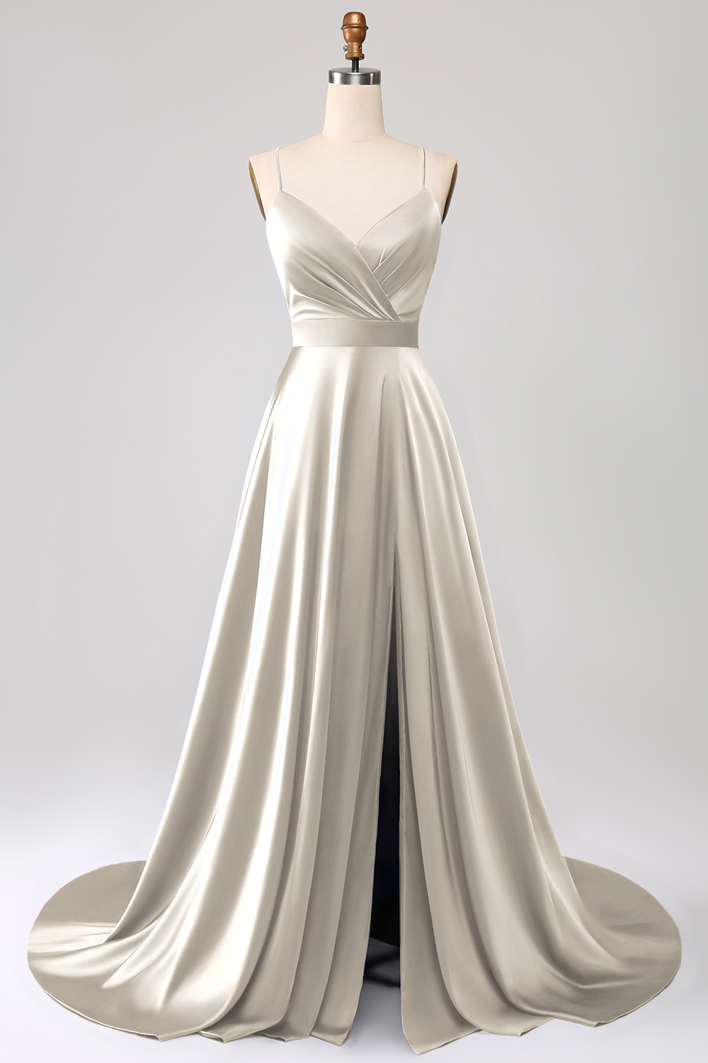 Royal Blue A Line Spaghetti Straps Satin Prom Dress with Slit