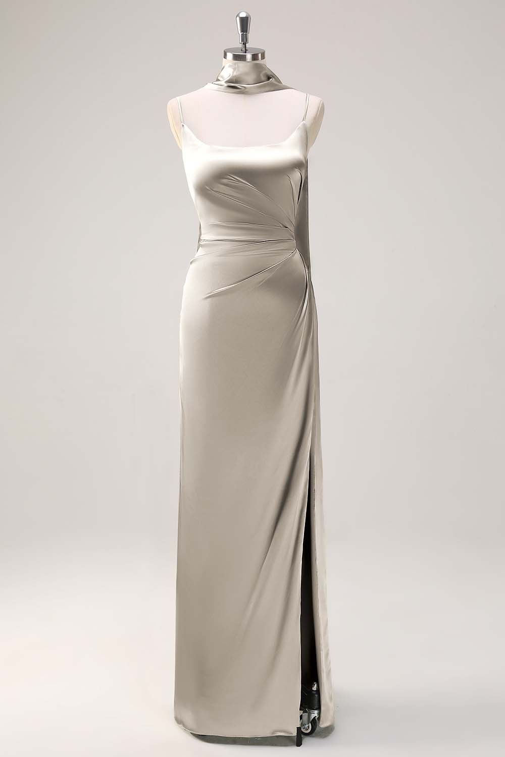 Sage Scoop Neck Sheath Satin Bridesmaid Dress with Ribbon
