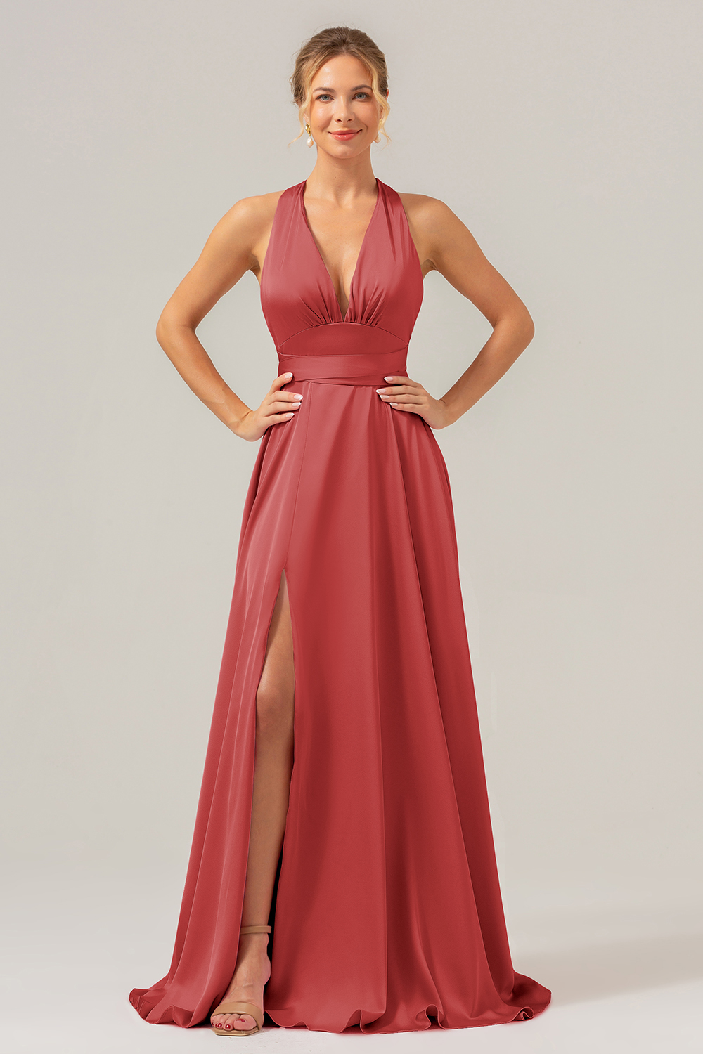 Pink A Line V-Neck Satin Lace Up Bridesmaid Dress with Slit