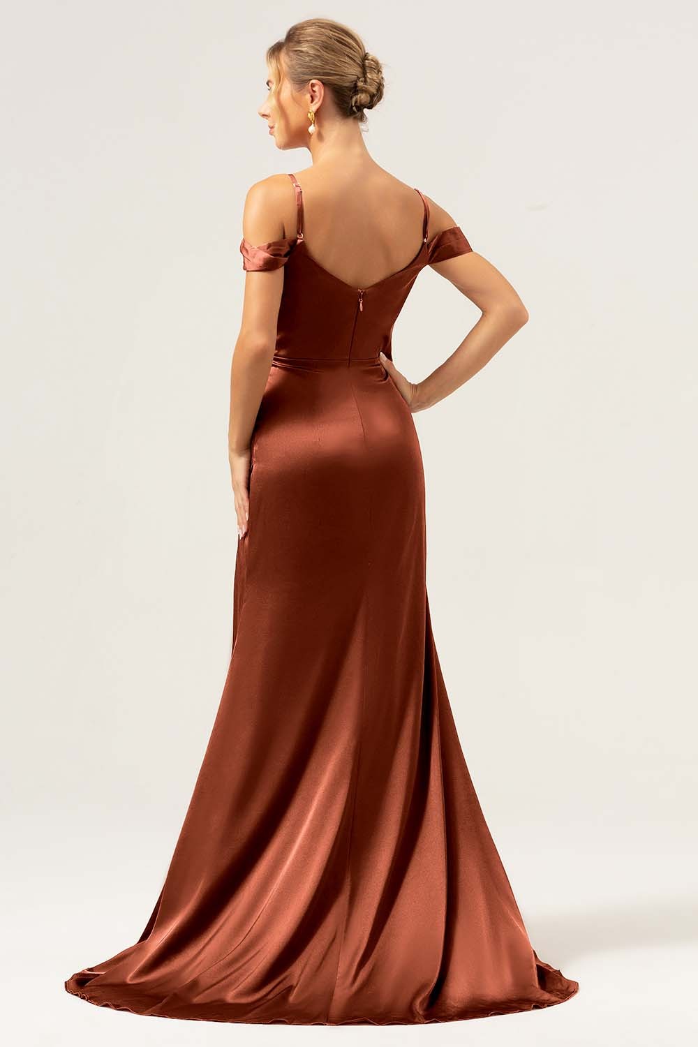 Coffee Cold Shoulder Satin Mermaid Wedding Party Dress with Slit