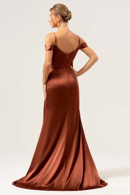 Coffee Cold Shoulder Satin Mermaid Wedding Party Dress with Slit