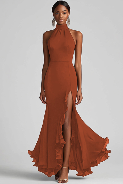 Black Halter Sheath Ruffled Formal Dress with Slit