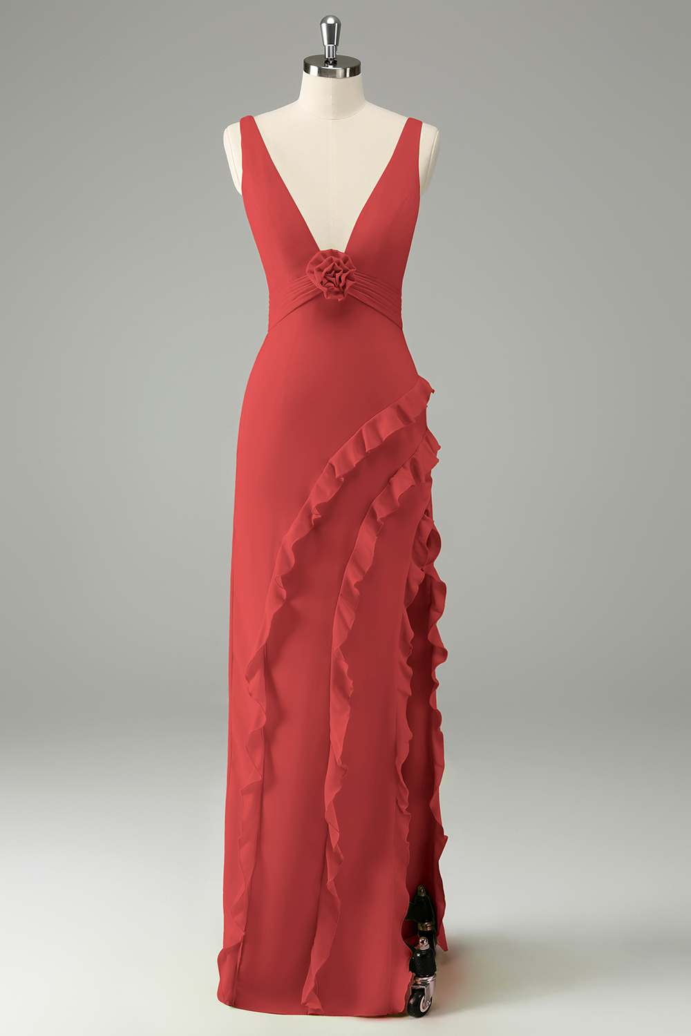 Leely Women Lime V Neck Ruffles Wedding Guest Dress with Slit Sheath Bridesmaid Dress with Flower