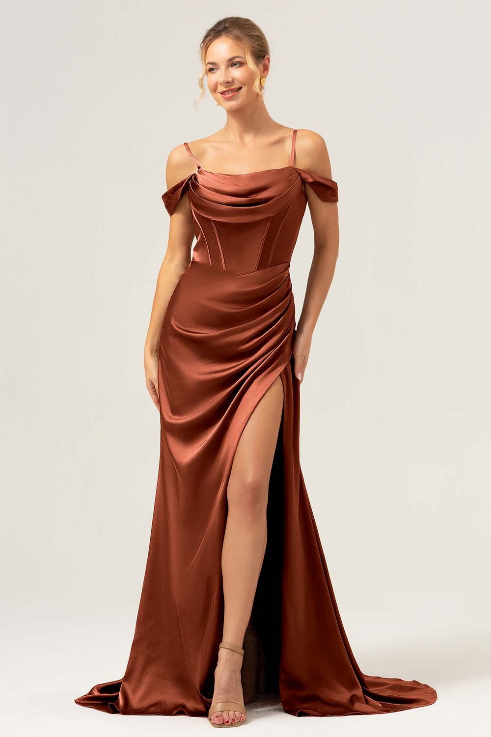 Coffee Cold Shoulder Satin Mermaid Wedding Party Dress with Slit