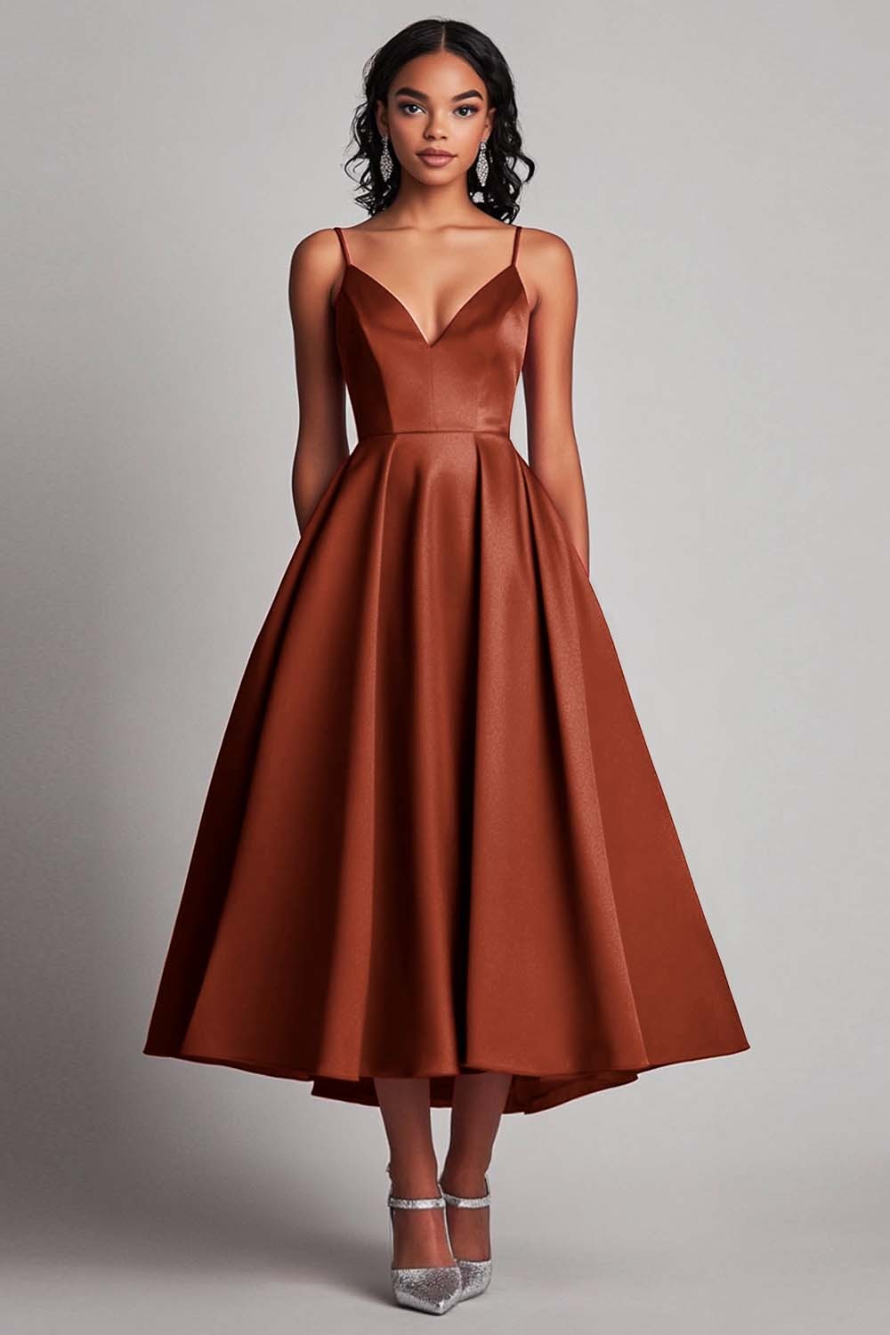 Red Satin A-Line Spaghetti Straps Tea Length Formal Dress