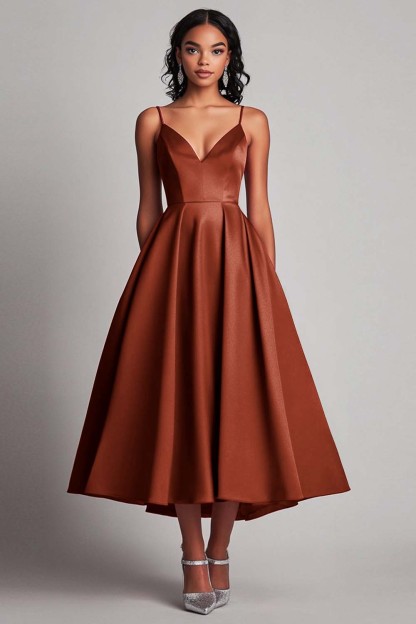 Red Satin A-Line Spaghetti Straps Tea Length Formal Dress