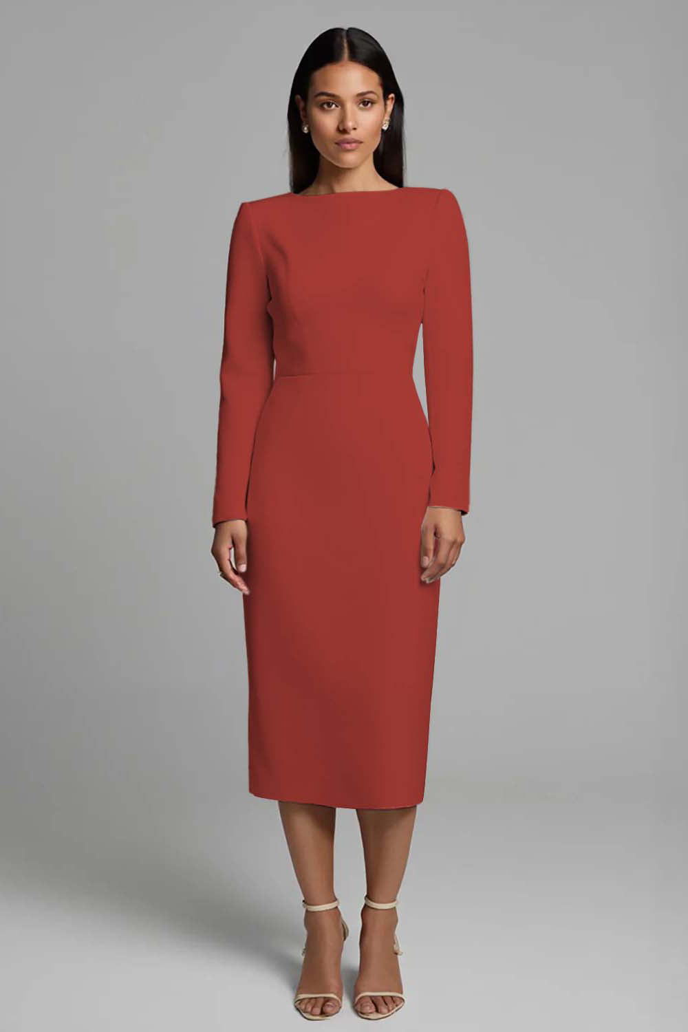 Simple Pencil Ivory Plus Size Bateau Neck Midi Work Dress with Slit