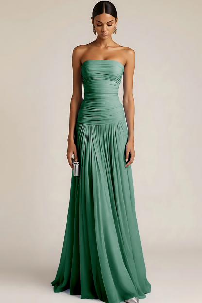 Light Blue Strapless Ruched Maxi Bridesmaid Dress