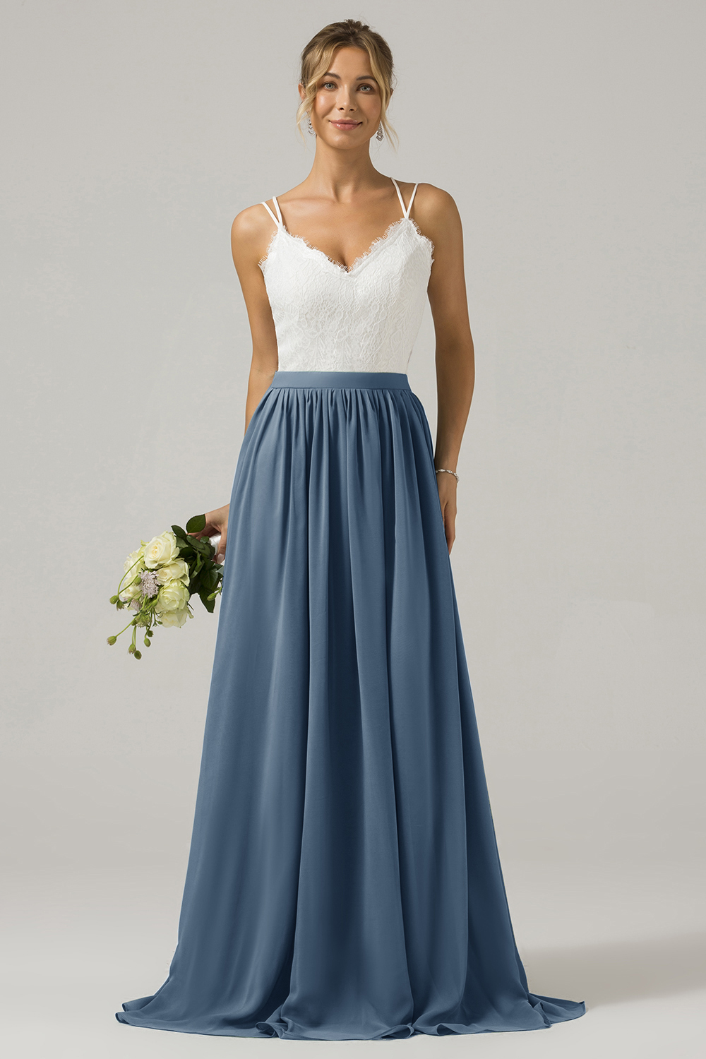 Eucalyptus A-Line Spaghetti Straps Pleated Long Bridesmaid Dress With Lace