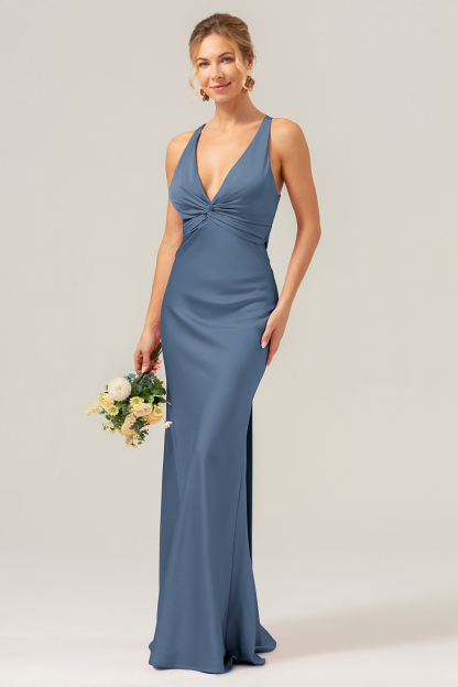 Pink Front Twist Mermaid V Neck Satin Bridesmaid Dress
