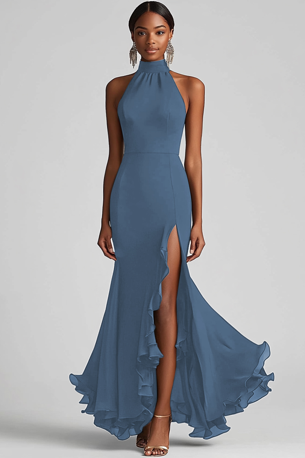 Black Halter Sheath Ruffled Formal Dress with Slit
