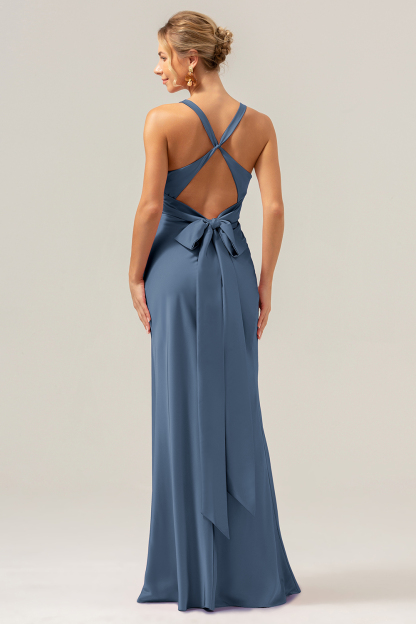 Pink Front Twist Mermaid V Neck Satin Bridesmaid Dress