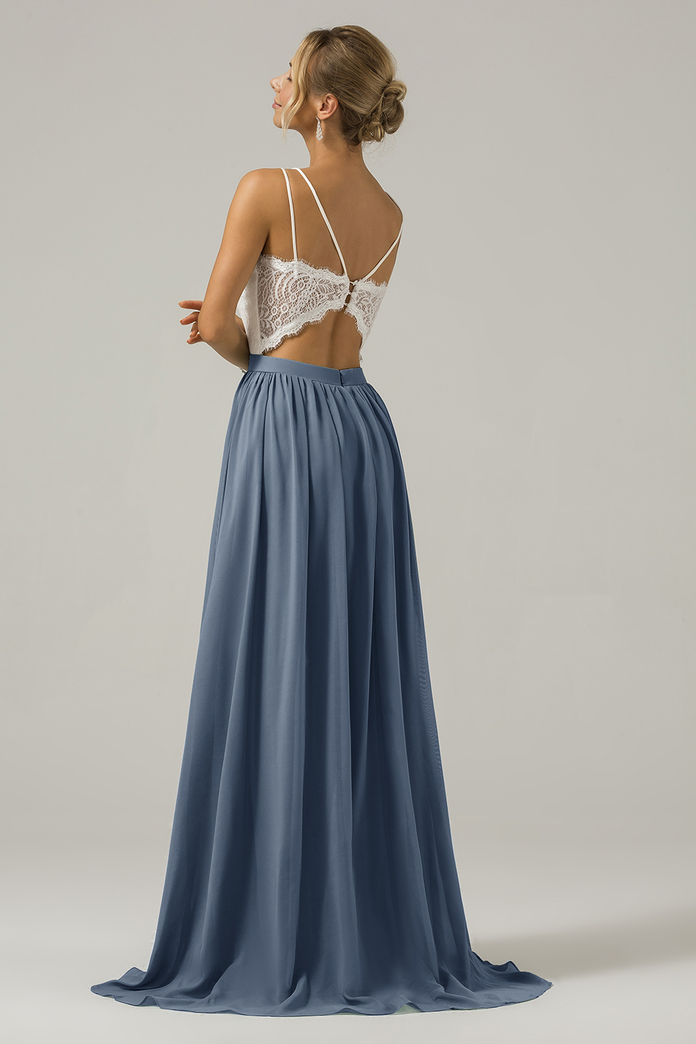 Eucalyptus A-Line Spaghetti Straps Pleated Long Bridesmaid Dress With Lace