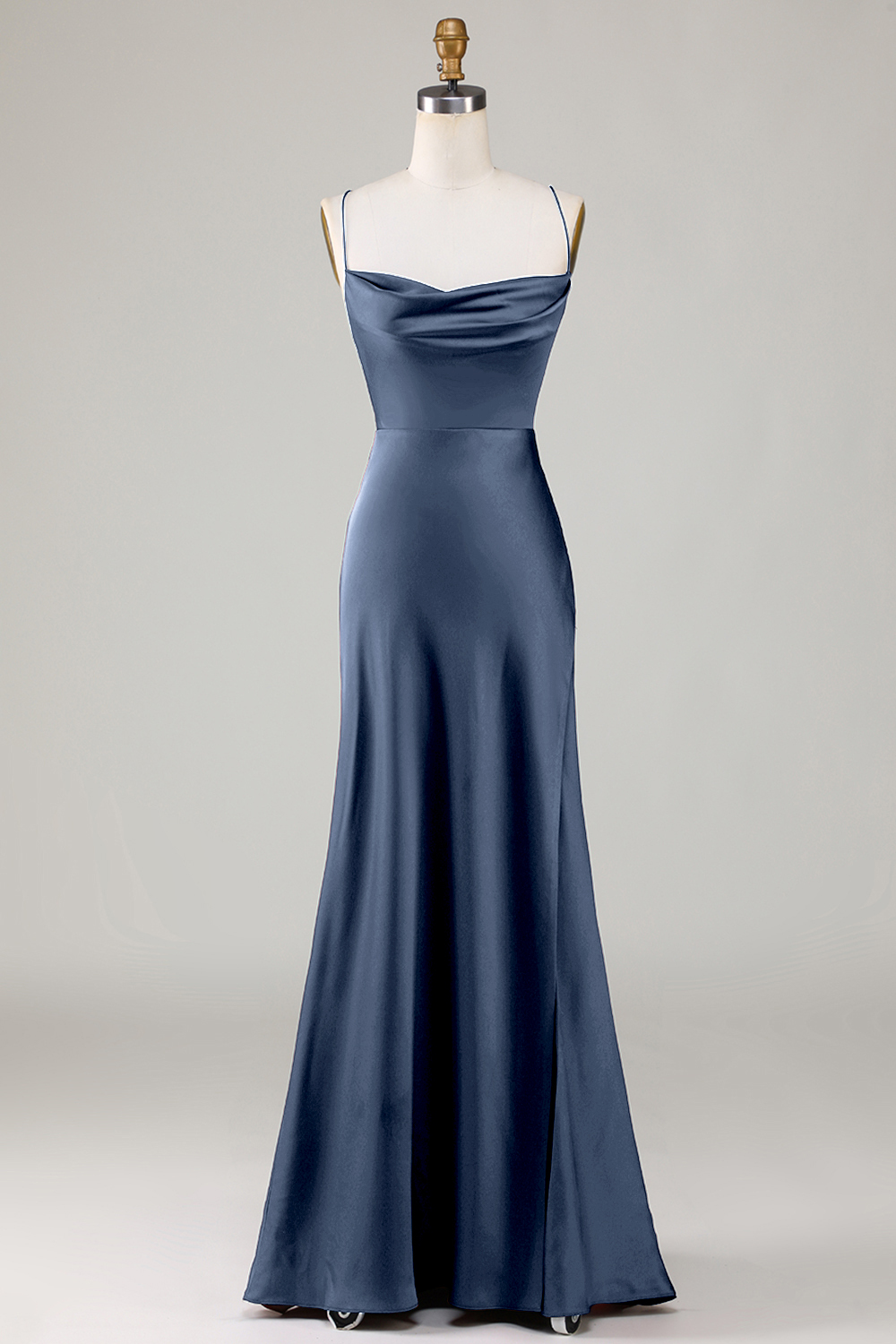 Satin Spaghetti Strap Open Back A-line Bridesmaid Dress with Slit