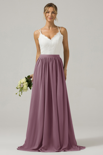 Eucalyptus A-Line Spaghetti Straps Pleated Long Bridesmaid Dress With Lace