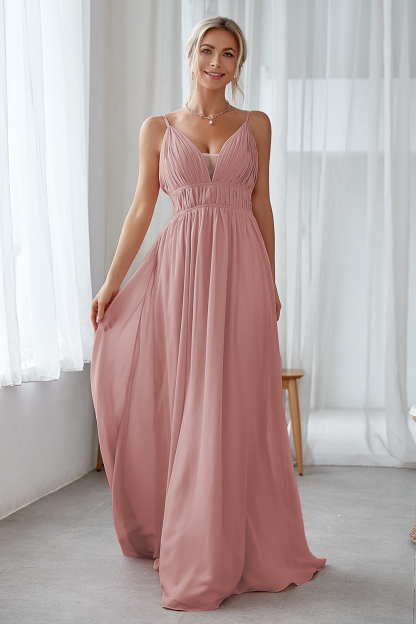 Adjustable Straps V-neck Backless Pleated A-line Maxi Bridesmaid Dress
