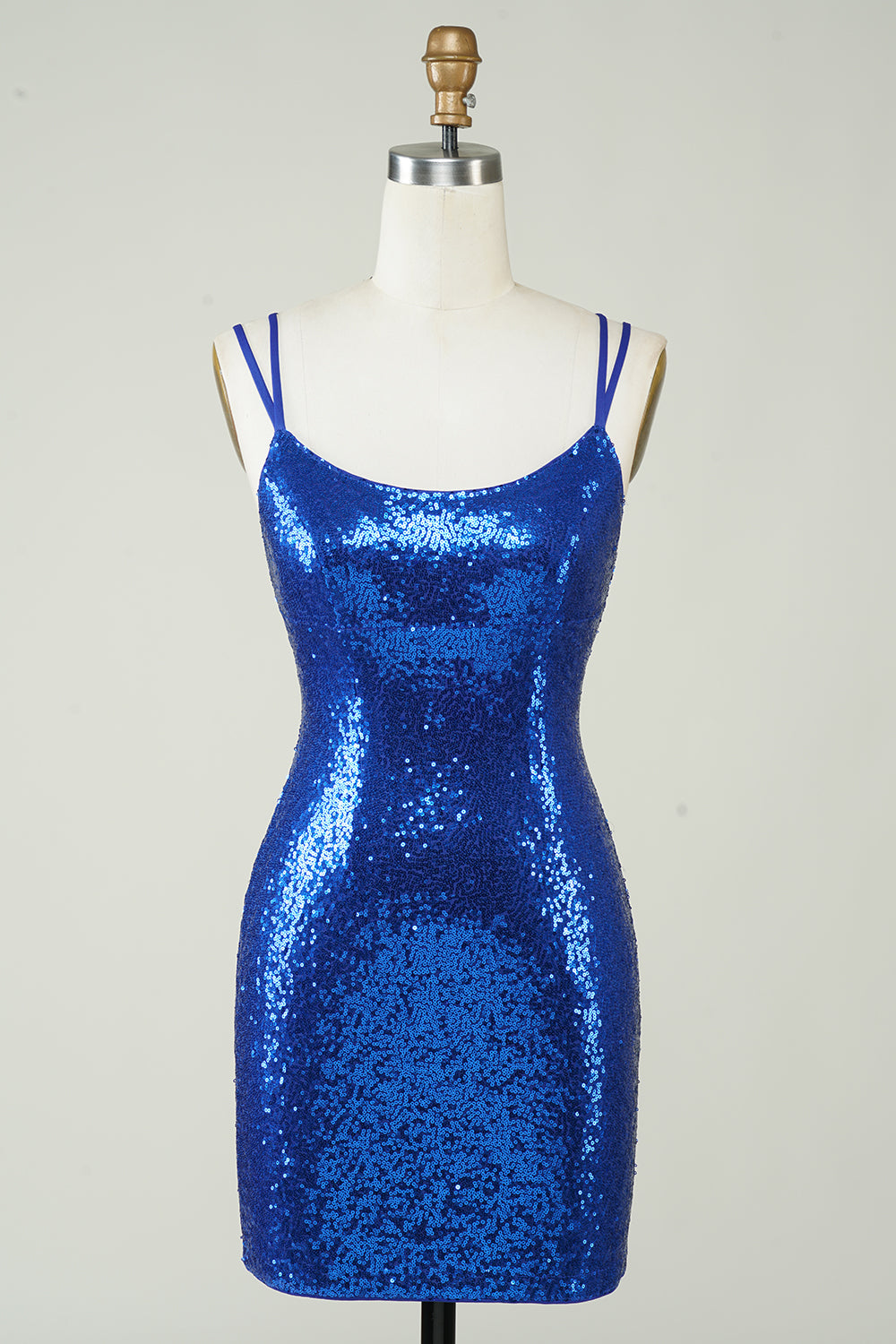 LEELY Royal Blue Tight Sequins Homecoming Dress Lace Up Spaghetti Straps Short Party Dress