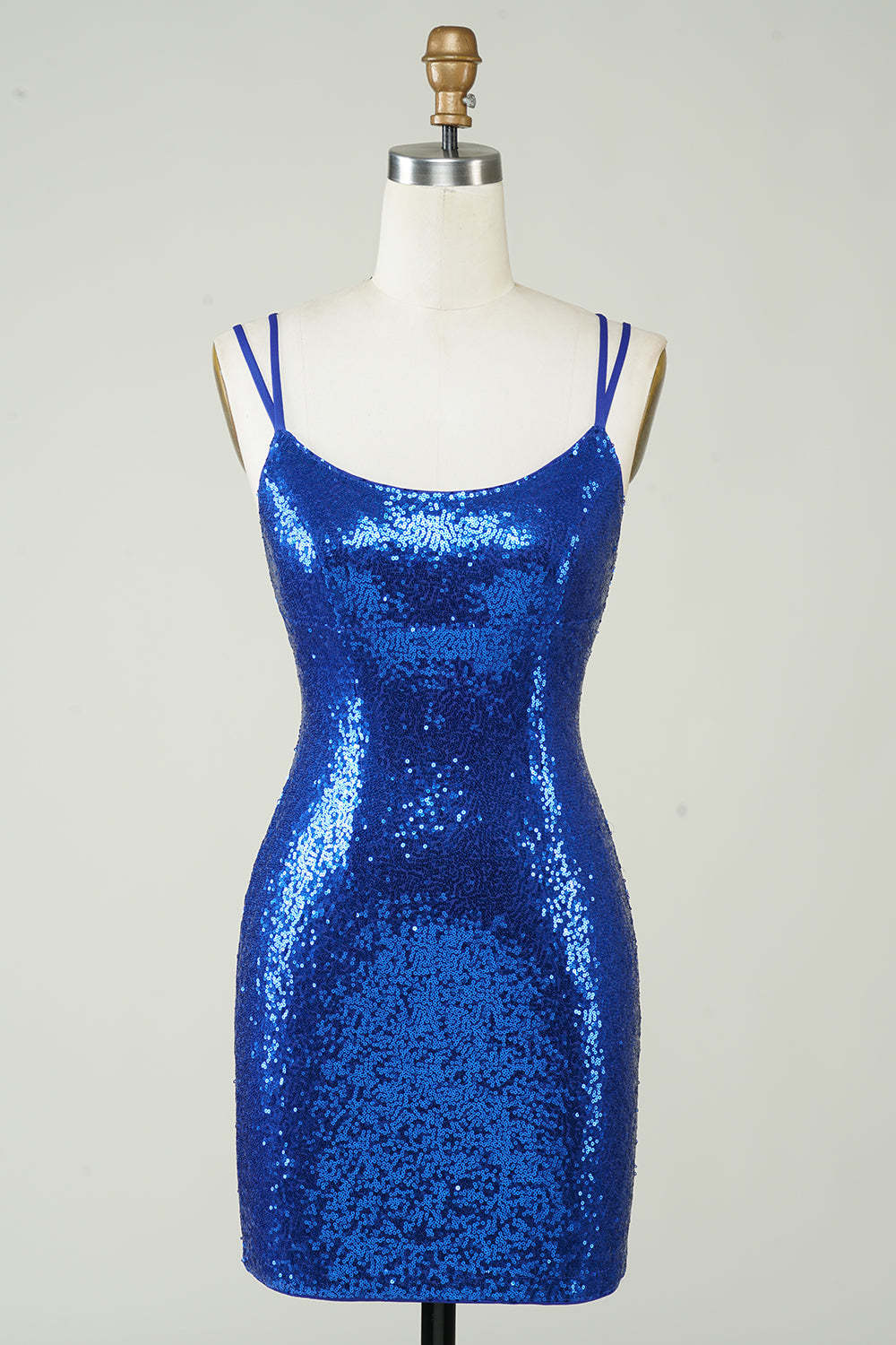 LEELY Royal Blue Tight Sequins Homecoming Dress Lace Up Spaghetti Straps Short Party Dress