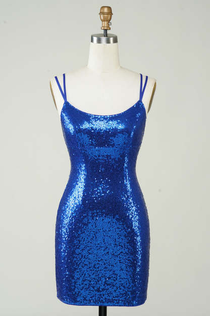 LEELY Royal Blue Tight Sequins Homecoming Dress Lace Up Spaghetti Straps Short Party Dress
