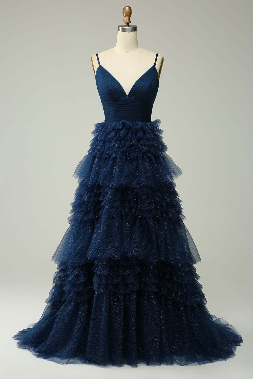 Leely Women Navy Long Prom Dress A Line Spaghetti Straps Formal Dress with Ruffles